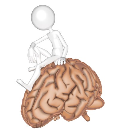 3d person sitting on a brain. Isolated on white background